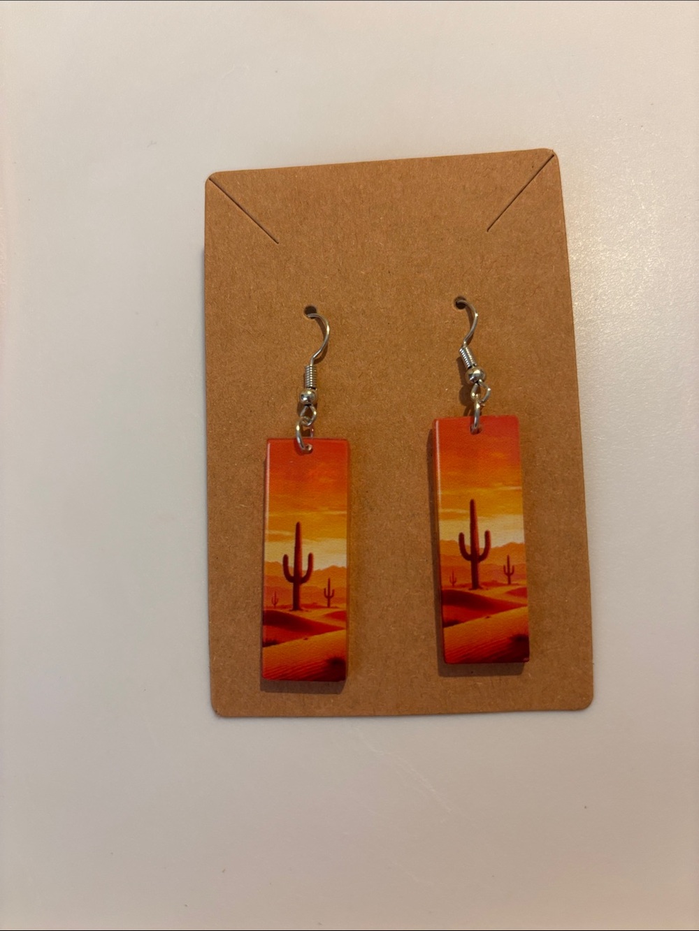 Fashion Jewelry Orange Desert Cactus Rectangle Dangle Earrings - Picture 2 of 4